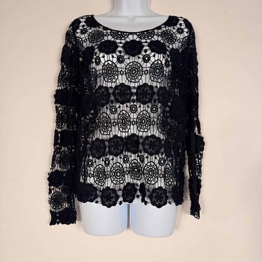 Acemi Black Sheer Floral Crochet Lace Long Sleeve Top